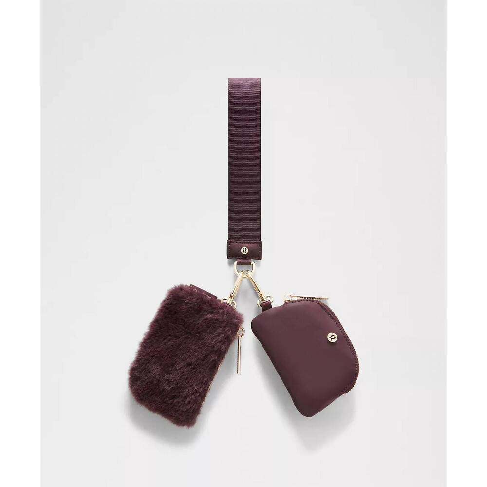 LULULEMON women's dual pouch plush fleece wristlet in black plum/gold rhinestone